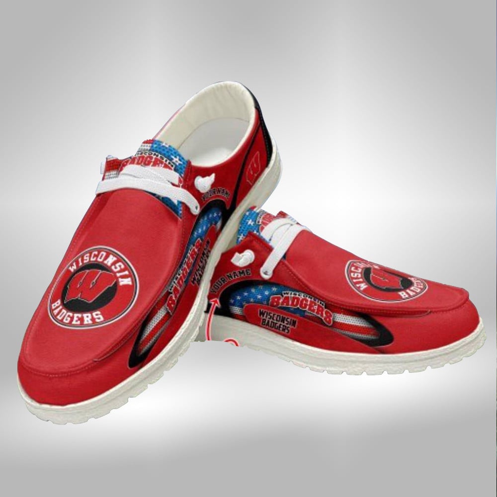 Wisconsin Badgers Custom Name Hey Dude Shoes Sneakers