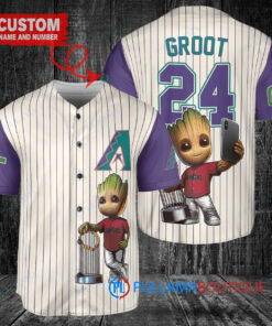 Arizona Diamondbacks x Baby Groot Marvel Guardians Of The Galaxy with Trophy Custom Baseball Jersey Cream-Purple