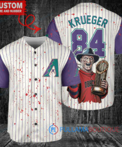 Arizona Diamondbacks x Freddy Krueger A Nightmare on Elm Street Halloween with World Series Trophy Custom Baseball Jersey Cream-Purple