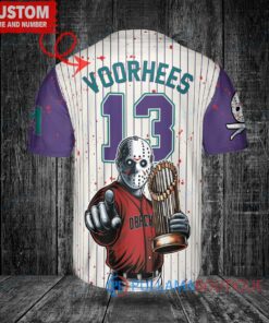 Arizona Diamondbacks x Friday the 13th Jason Voorhees Halloween with World Series Trophy Custom Baseball Jersey Cream-Purple