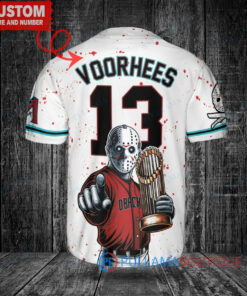 Arizona Diamondbacks x Friday the 13th Jason Voorhees Halloween with World Series Trophy Custom Baseball Jersey White