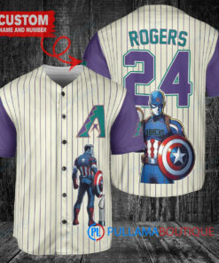 Arizona Diamondbacks x Marvel Captain America Steve Rogers with Trophy Custom Baseball Jersey Cream-Purple