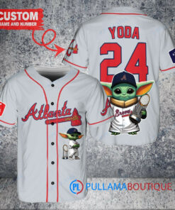 Atlanta Braves Baby Yoda Star Wars Mandalorian Trophy Baseball Jersey Gray