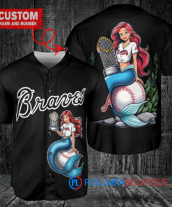 Atlanta Braves x Ariel Mermaid with Trophy Custom Baseball Jersey Black