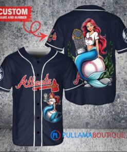 Atlanta Braves x Ariel Mermaid with Trophy Custom Baseball Jersey Navy