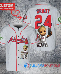 Atlanta Braves x Baby Groot Marvel Guardians Of The Galaxy with Trophy Custom Baseball Jersey Gray