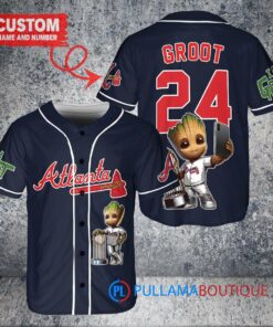 Atlanta Braves x Baby Groot Marvel Guardians Of The Galaxy with Trophy Custom Baseball Jersey Navy