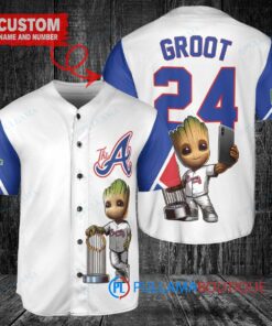 Atlanta Braves x Baby Groot Marvel Guardians Of The Galaxy with Trophy Custom Baseball Jersey White City Connect