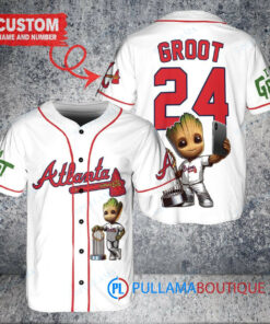 Atlanta Braves x Baby Groot Marvel Guardians Of The Galaxy with Trophy Custom Baseball Jersey White