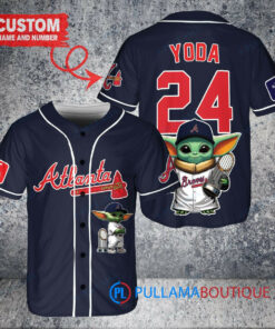 Atlanta Braves x Baby Yoda Star Wars The Mandalorian with Trophy Custom Baseball Jersey Navy