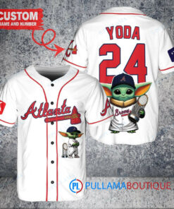 Atlanta Braves x Baby Yoda Star Wars The Mandalorian with Trophy Custom Baseball Jersey White