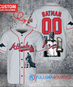 Atlanta Braves x DC Comics Batman The Dark Knight with Trophy Custom Baseball Jersey Gray