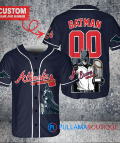 Atlanta Braves x DC Comics Batman The Dark Knight with Trophy Custom Baseball Jersey Navy