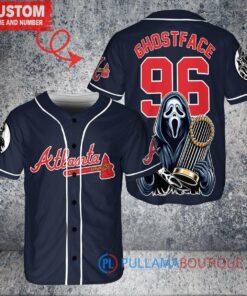 Atlanta Braves x Ghostface Scream Halloween Halloween with World Series Trophy Custom Baseball Jersey Navy