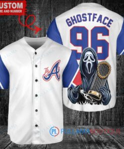 Atlanta Braves x Ghostface Scream Halloween Halloween with World Series Trophy Custom Baseball Jersey White City Connect