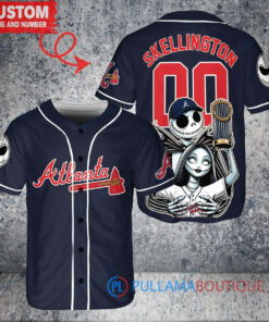 Atlanta Braves x Jack Skellington and Sally The Nightmare Before Christmas with World Series Trophy Custom Baseball Jersey Navy