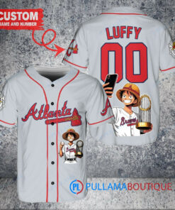 Atlanta Braves x Luffy One Piece with Trophy Custom Baseball Jersey Gray