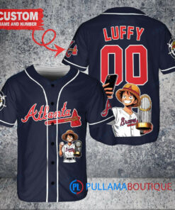 Atlanta Braves x Luffy One Piece with Trophy Custom Baseball Jersey Navy