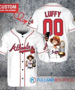 Atlanta Braves x Luffy One Piece with Trophy Custom Baseball Jersey White