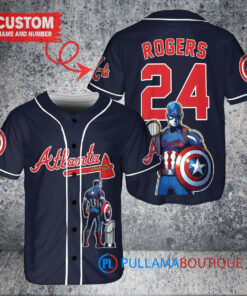 Atlanta Braves x Marvel Captain America Steve Rogers with Trophy Custom Baseball Jersey Navy