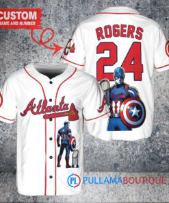 Atlanta Braves x Marvel Captain America Steve Rogers with Trophy Custom Baseball Jersey White