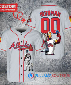 Atlanta Braves x Marvel Iron Man Tony Stark with Trophy Custom Baseball Jersey Gray