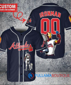 Atlanta Braves x Marvel Iron Man Tony Stark with Trophy Custom Baseball Jersey Navy