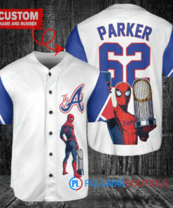 Atlanta Braves x Marvel Spiderman with Trophy Custom Baseball Jersey White City Connect