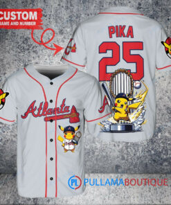 Atlanta Braves x Pikachu Pokemon with Trophy Custom Baseball Jersey Gray