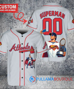 Atlanta Braves x Superman DC Comics with Trophy Custom Baseball Jersey Gray