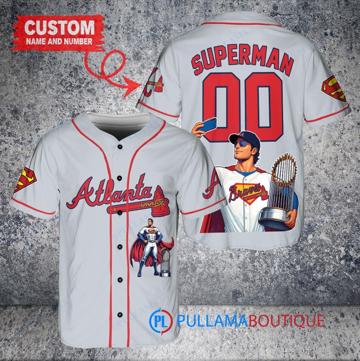 Atlanta Braves x Superman DC Comics with Trophy Custom Baseball Jersey White City Connect