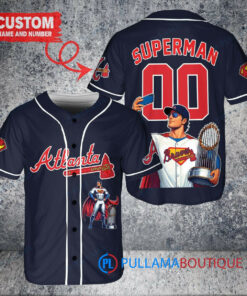 Atlanta Braves x Superman DC Comics with Trophy Custom Baseball Jersey Navy