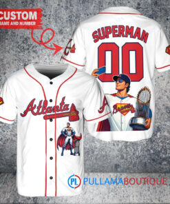 Atlanta Braves x Superman DC Comics with Trophy Custom Baseball Jersey White