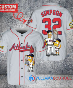 Atlanta Braves x The Simpsons Bart Simpson, Homer Simpson, Lisa Simpson with Trophy Custom Baseball Jersey Gray