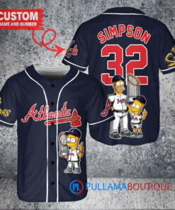 Atlanta Braves x The Simpsons Bart Simpson, Homer Simpson, Lisa Simpson with Trophy Custom Baseball Jersey Navy