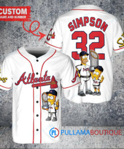 Atlanta Braves x The Simpsons Bart Simpson, Homer Simpson, Lisa Simpson with Trophy Custom Baseball Jersey White