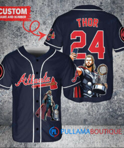 Atlanta Braves x Thor Marvel with Trophy Custom Baseball Jersey Navy