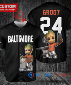 Baltimore Orioles x Baby Groot Marvel Guardians Of The Galaxy with Trophy Custom Baseball Jersey Black City Connect