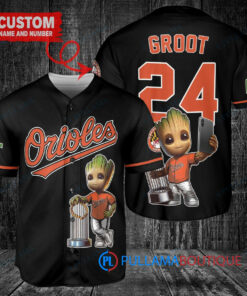 Baltimore Orioles x Baby Groot Marvel Guardians Of The Galaxy with Trophy Custom Baseball Jersey Black