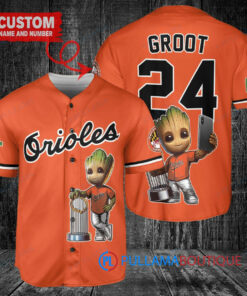 Baltimore Orioles x Baby Groot Marvel Guardians Of The Galaxy with Trophy Custom Baseball Jersey Orange