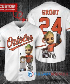 Baltimore Orioles x Baby Groot Marvel Guardians Of The Galaxy with Trophy Custom Baseball Jersey White