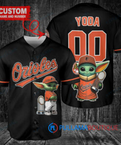 Baltimore Orioles x Baby Yoda Star Wars The Mandalorian with Trophy Custom Baseball Jersey Black