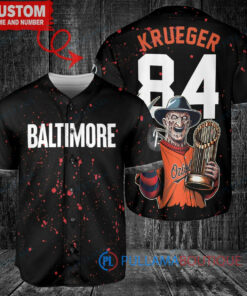 Baltimore Orioles x Freddy Krueger A Nightmare on Elm Street Halloween with World Series Trophy Custom Baseball Jersey Black City Connect