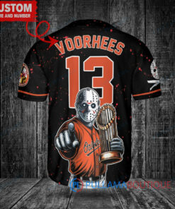 Baltimore Orioles x Friday the 13th Jason Voorhees Halloween with World Series Trophy Custom Baseball Jersey Black