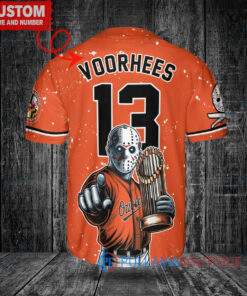 Baltimore Orioles x Friday the 13th Jason Voorhees Halloween with World Series Trophy Custom Baseball Jersey Orange