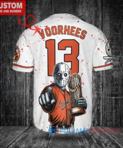 Baltimore Orioles x Friday the 13th Jason Voorhees Halloween with World Series Trophy Custom Baseball Jersey White