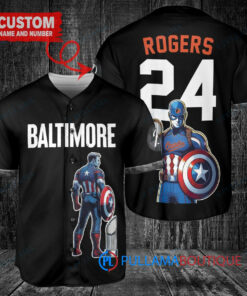 Baltimore Orioles x Marvel Captain America Steve Rogers with Trophy Custom Baseball Jersey Black City Connect