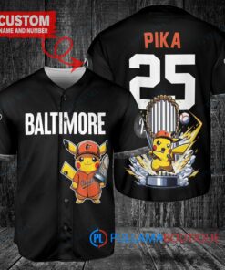 Baltimore Orioles x Pikachu Pokemon with Trophy Custom Baseball Jersey Black City Connect