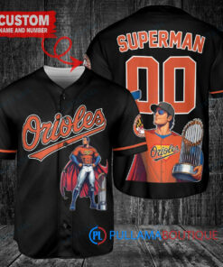 Baltimore Orioles x Superman DC Comics with Trophy Custom Baseball Jersey Black