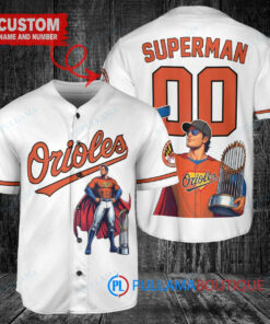 Baltimore Orioles x Superman DC Comics with Trophy Custom Baseball Jersey White